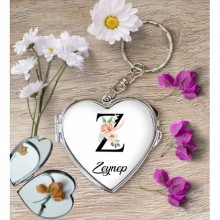 Kişiye Özel Z Harfi Temalı Gül Kalp Aynalı Metal Anahtarlık