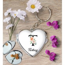 Kişiye Özel T Harfi Temalı Gül Kalp Aynalı Metal Anahtarlık