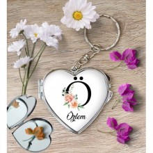 Kişiye Özel Ö Harfi Temalı Gül Kalp Aynalı Metal Anahtarlık