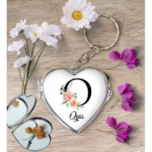 Kişiye Özel O Harfi Temalı Gül Kalp Aynalı Metal Anahtarlık