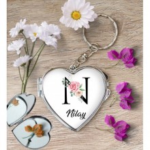 Kişiye Özel N Harfi Temalı Gül Kalp Aynalı Metal Anahtarlık