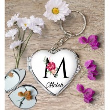 Kişiye Özel M Harfi Temalı Gül Kalp Aynalı Metal Anahtarlık