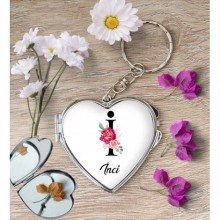 Kişiye Özel İ Harfi Temalı Gül Kalp Aynalı Metal Anahtarlık