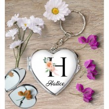 Kişiye Özel H Harfi Temalı Gül Kalp Aynalı Metal Anahtarlık