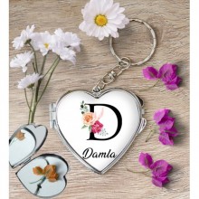 Kişiye Özel D Harfi Temalı Gül Kalp Aynalı Metal Anahtarlık