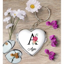 Kişiye Özel A Harfi Temalı Gül Kalp Aynalı Metal Anahtarlık