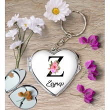 Kişiye Özel Z Harfi Temalı Çiçekli Kalp Aynalı Metal Anahtarlık