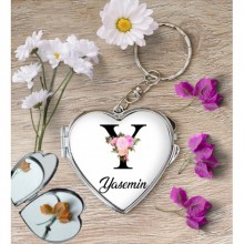 Kişiye Özel Y Harfi Temalı Çiçekli Kalp Aynalı Metal Anahtarlık