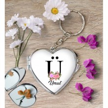 Kişiye Özel Ü Harfi Temalı Çiçekli Kalp Aynalı Metal Anahtarlık