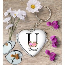 Kişiye Özel U Harfi Temalı Çiçekli Kalp Aynalı Metal Anahtarlık