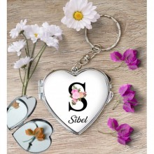 Kişiye Özel S Harfi Temalı Çiçekli Kalp Aynalı Metal Anahtarlık