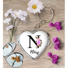 Kişiye Özel N Harfi Temalı Çiçekli Kalp Aynalı Metal Anahtarlık