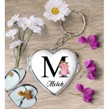Kişiye Özel M Harfi Temalı Çiçekli Kalp Aynalı Metal Anahtarlık
