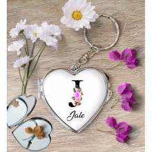 Kişiye Özel J Harfi Temalı Çiçekli Kalp Aynalı Metal Anahtarlık