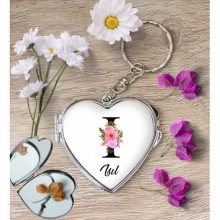 Kişiye Özel I Harfi Temalı Çiçekli Kalp Aynalı Metal Anahtarlık