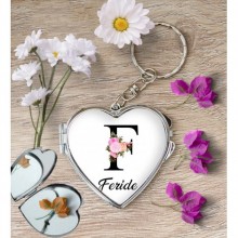 Kişiye Özel F Harfi Temalı Çiçekli Kalp Aynalı Metal Anahtarlık
