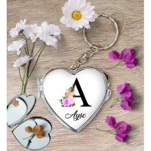 Kişiye Özel A Harfi Temalı Çiçekli Kalp Aynalı Metal Anahtarlık