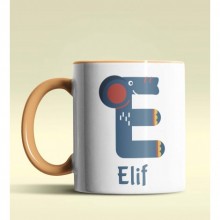 Kişiye Özel E Harfi Hayvanlar Tasarım Turuncu Renk Kupa