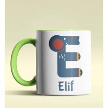 Kişiye Özel E Harfi Hayvanlar Tasarım Yeşil Renk Kupa