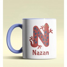 Kişiye Özel N Harfi Hayvanlar Tasarım Mavi Renk Kupa