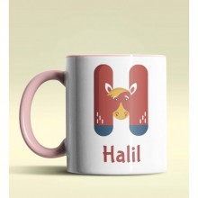 Kişiye Özel H Harfi Hayvanlar Tasarım Pembe Renk Kupa