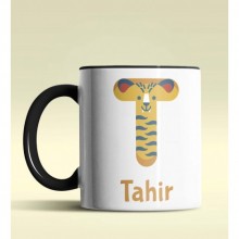 Kişiye Özel T Harfi Hayvanlar Tasarım Siyah Renk Kupa