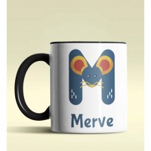 Kişiye Özel M Harfi Hayvanlar Tasarım Siyah Renk Kupa