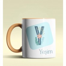 Kişiye Özel Y Harfi Temalı Tropikal Tasarım Turuncu Renk Kupa