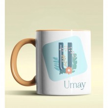 Kişiye Özel U Harfi Temalı Tropikal Tasarım Turuncu Renk Kupa