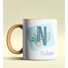 Kişiye Özel N Harfi Temalı Tropikal Tasarım Turuncu Renk Kupa