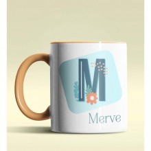 Kişiye Özel M Harfi Temalı Tropikal Tasarım Turuncu Renk Kupa