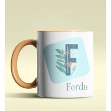 Kişiye Özel F Harfi Temalı Tropikal Tasarım Turuncu Renk Kupa