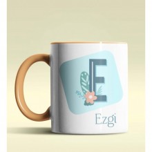 Kişiye Özel E Harfi Temalı Tropikal Tasarım Turuncu Renk Kupa