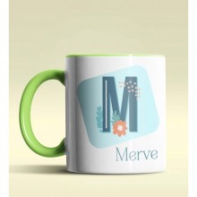 Kişiye Özel M Harfi Temalı Tropikal Tasarım Yeşil Renk Kupa