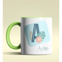 Kişiye Özel A Harfi Temalı Tropikal Tasarım Yeşil Renk Kupa