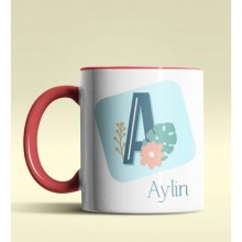 Kişiye Özel A Harfi Temalı Tropikal Tasarım Kırmızı Renk Kupa