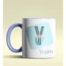 Kişiye Özel Y Harfi Temalı Tropikal Tasarım Mavi Renk Kupa