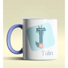 Kişiye Özel T Harfi Temalı Tropikal Tasarım Mavi Renk Kupa