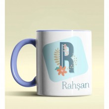 Kişiye Özel R Harfi Temalı Tropikal Tasarım Mavi Renk Kupa