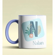 Kişiye Özel N Harfi Temalı Tropikal Tasarım Mavi Renk Kupa