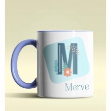 Kişiye Özel M Harfi Temalı Tropikal Tasarım Mavi Renk Kupa