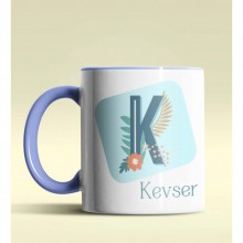 Kişiye Özel K Harfi Temalı Tropikal Tasarım Mavi Renk Kupa