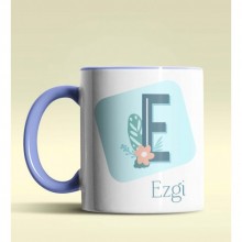 Kişiye Özel E Harfi Temalı Tropikal Tasarım Mavi Renk Kupa