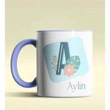 Kişiye Özel A Harfi Temalı Tropikal Tasarım Mavi Renk Kupa