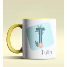 Kişiye Özel T Harfi Temalı Tropikal Tasarım Sarı Renk Kupa