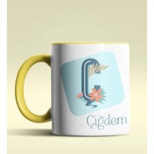 Kişiye Özel Ç Harfi Temalı Tropikal Tasarım Sarı Renk Kupa