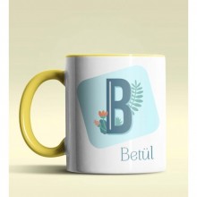 Kişiye Özel B Harfi Temalı Tropikal Tasarım Sarı Renk Kupa