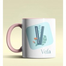 Kişiye Özel V Harfi Temalı Tropikal Tasarım Pembe Renk Kupa