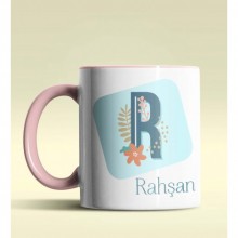 Kişiye Özel R Harfi Temalı Tropikal Tasarım Pembe Renk Kupa