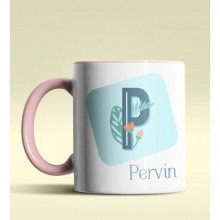 Kişiye Özel P Harfi Temalı Tropikal Tasarım Pembe Renk Kupa